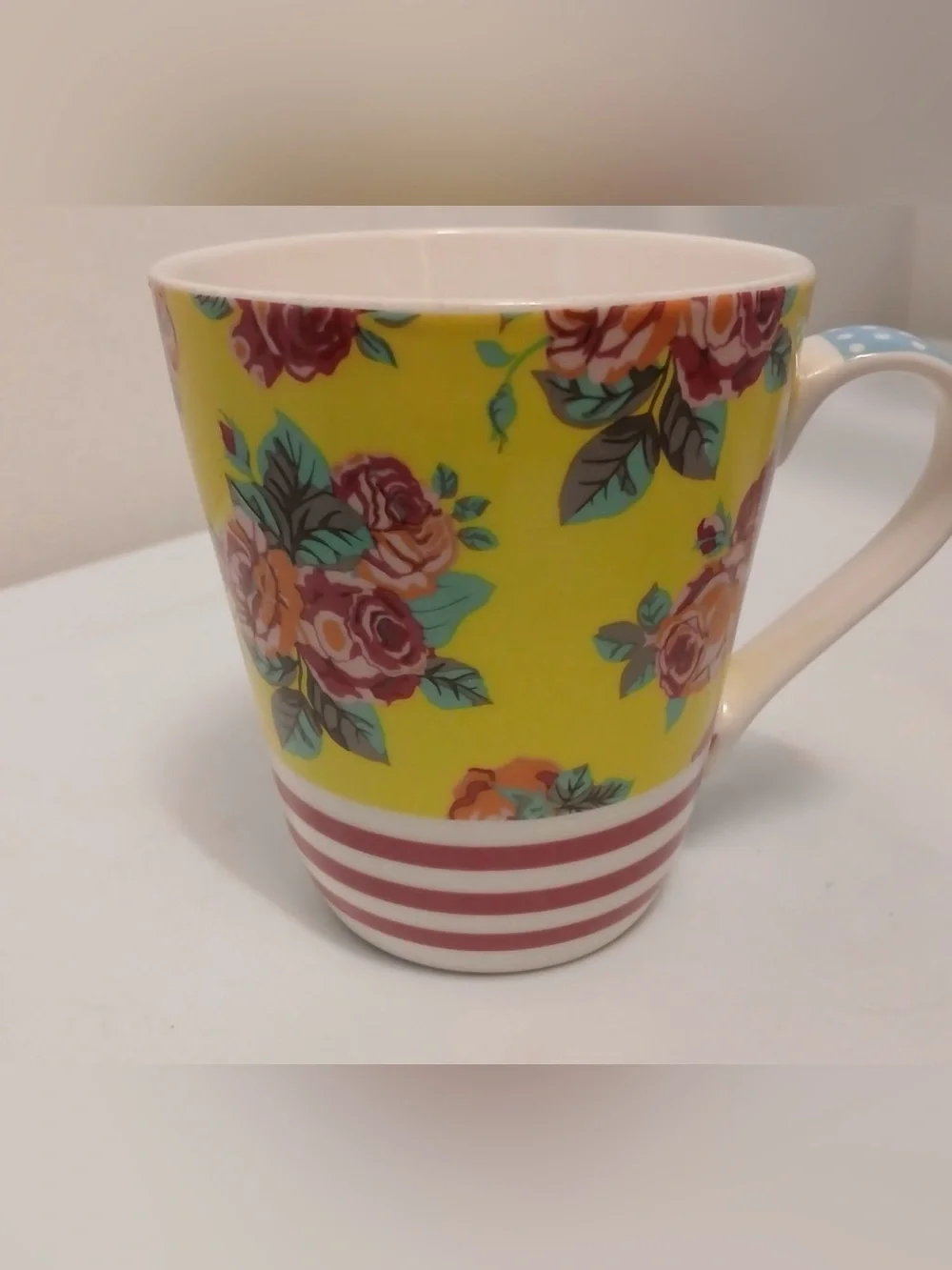 Matilda Jane Yellow Rose Teal Polka Dot Stoneware Coffee Mug Tea Cup
